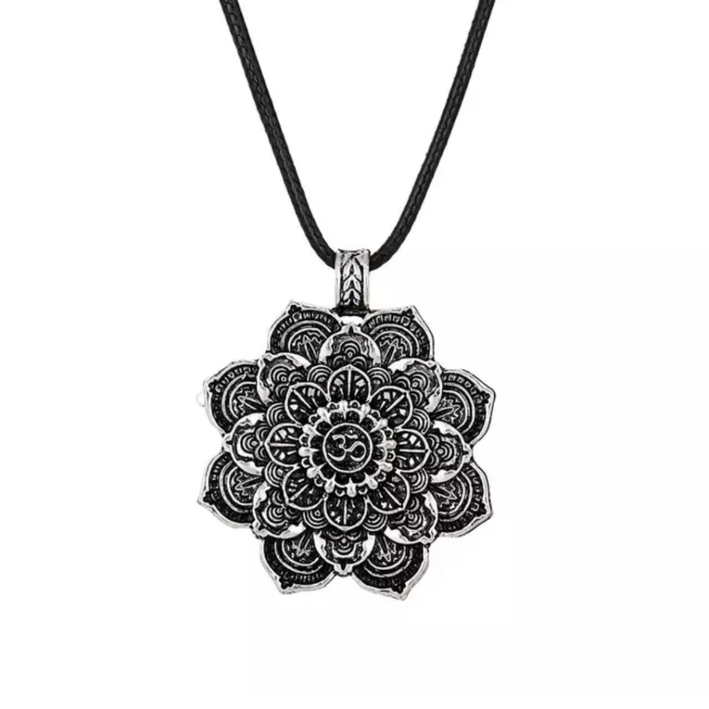 Mandala Lotus Flower of Life Faux Leather Chain Pendant Necklace